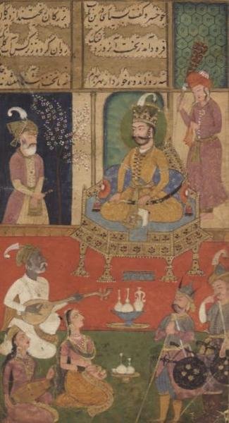En amorøs oppgave, Johnson Album XI nr.16 nummerert 23, ca. 1760 (gouache med gull på papir) av School Mughal