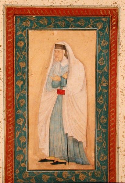 En gammel kvinne i vestlig kjole, fra Large Clive Album, ca. 1760 av School Mughal