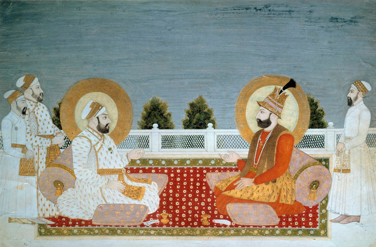 Indisk kunst: "" Representasjon av Mohammed Shah (1702-1748) indisk keiser og Nadir Shah (1688-1747), Shah av Iran"" Miniature of the Mughole School, Muhammad Shah (1526-1858 A.D.), Søn. 0,21x0,31 m - Paris, Musee Guimet, Musee national des Arts Asian - M av School Mughal