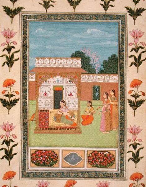 Damer ved en paviljong, fra Small Clive Album (ugjennomsiktig akvarell på papir) av School Mughal