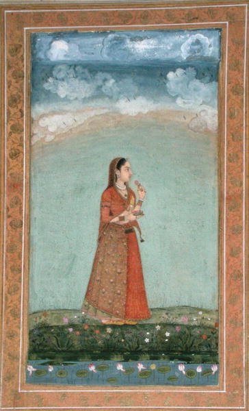 Dame som holder en bolle med roseblomster, fra Small Clive Album (ugjennomsiktig akvarell på papir) av School Mughal