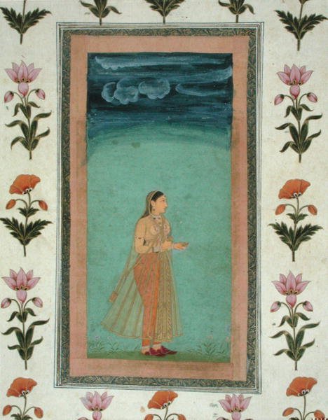 Dame som holder en blomst, fra Small Clive Album (ugjennomsiktig akvarell på papir) av School Mughal