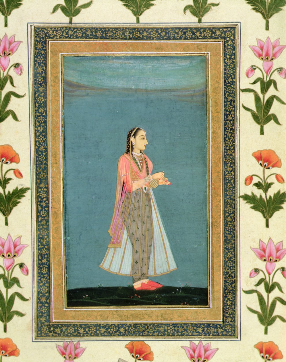 Dame som holder en vinkolbe og en kopp, fra Large Clive Album (akvarell på papir) av School Mughal