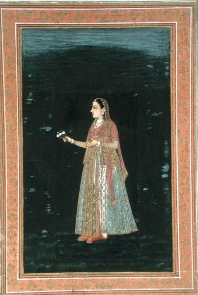 Dame som holder blomster, fra Small Clive Album (ugjennomsiktig akvarell på papir) av School Mughal