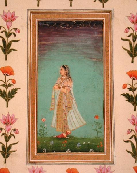 Dame som går gjennom blomster, fra Small Clive Album (ugjennomsiktig akvarell på papir) av School Mughal