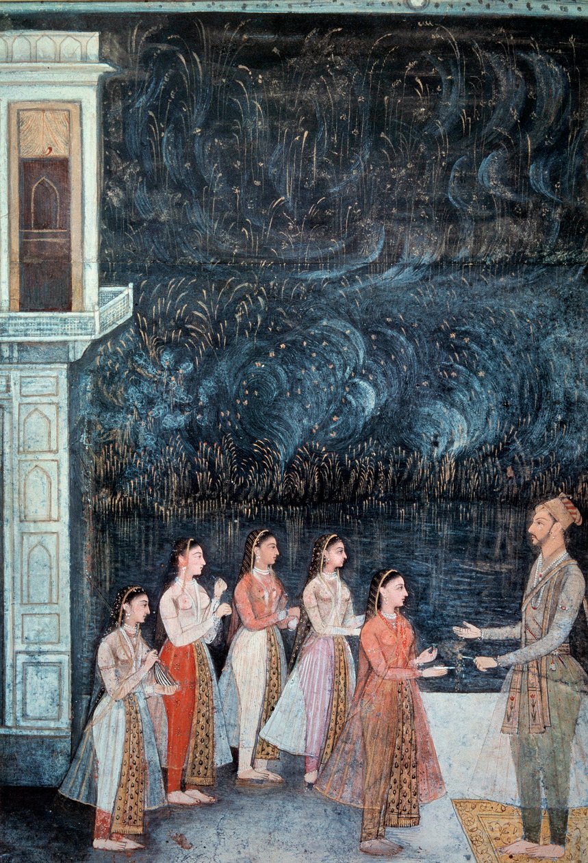 Nattfestscene ved hoffet til Shah Jahan som representerer prinsen og kurtisanene. Fyrverkeri i bakgrunnen Miniatyr av Mughal-skolen fra 1700-tallet. Søn 0,21x0,15 m Paris, Musee Guimet, Musee national des Arts Asian av School Mughal