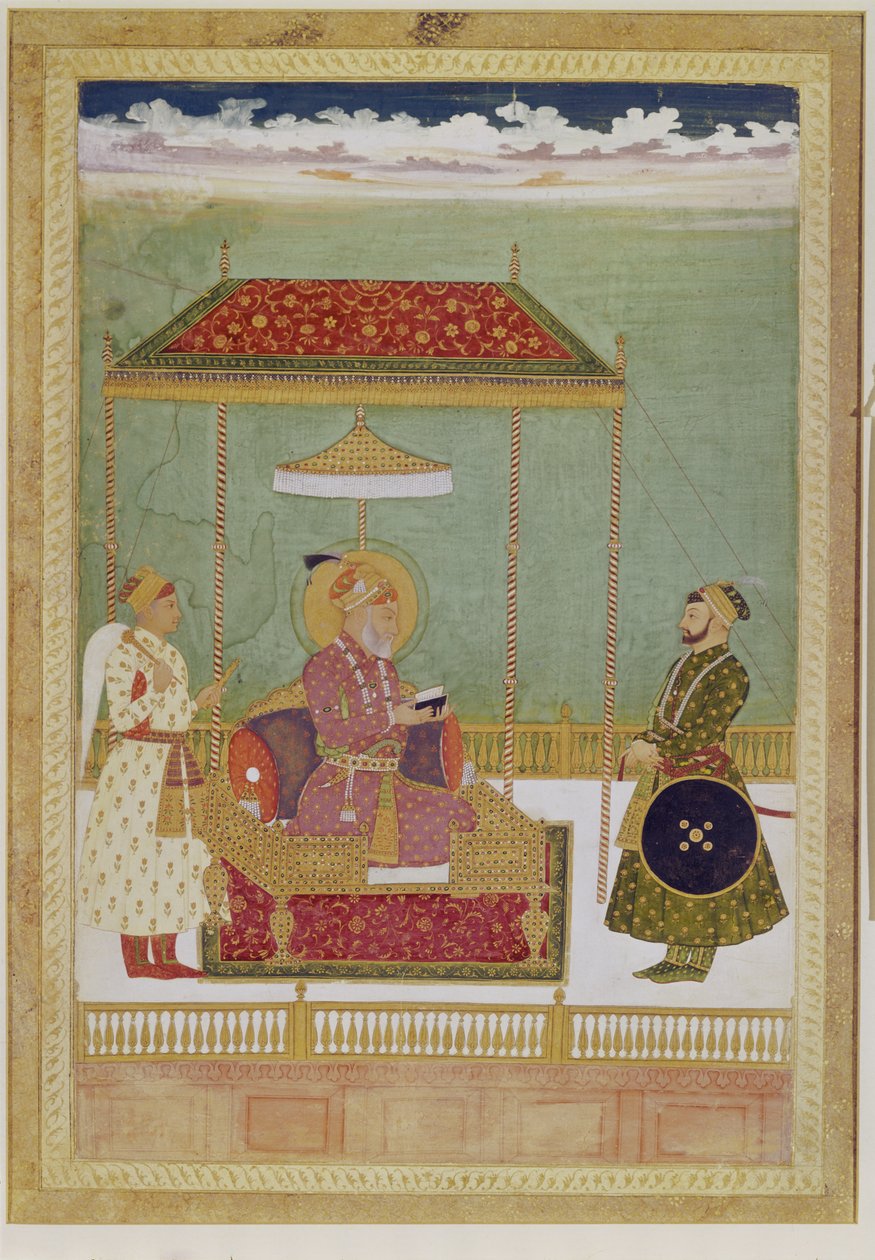 Portrett av Shah Aurangzeb med en mann, muligens Ashraf Khan, tidlig på 1700-tallet (ugjennomsiktig akvarell, blekk og gull på papir) av School Mughal