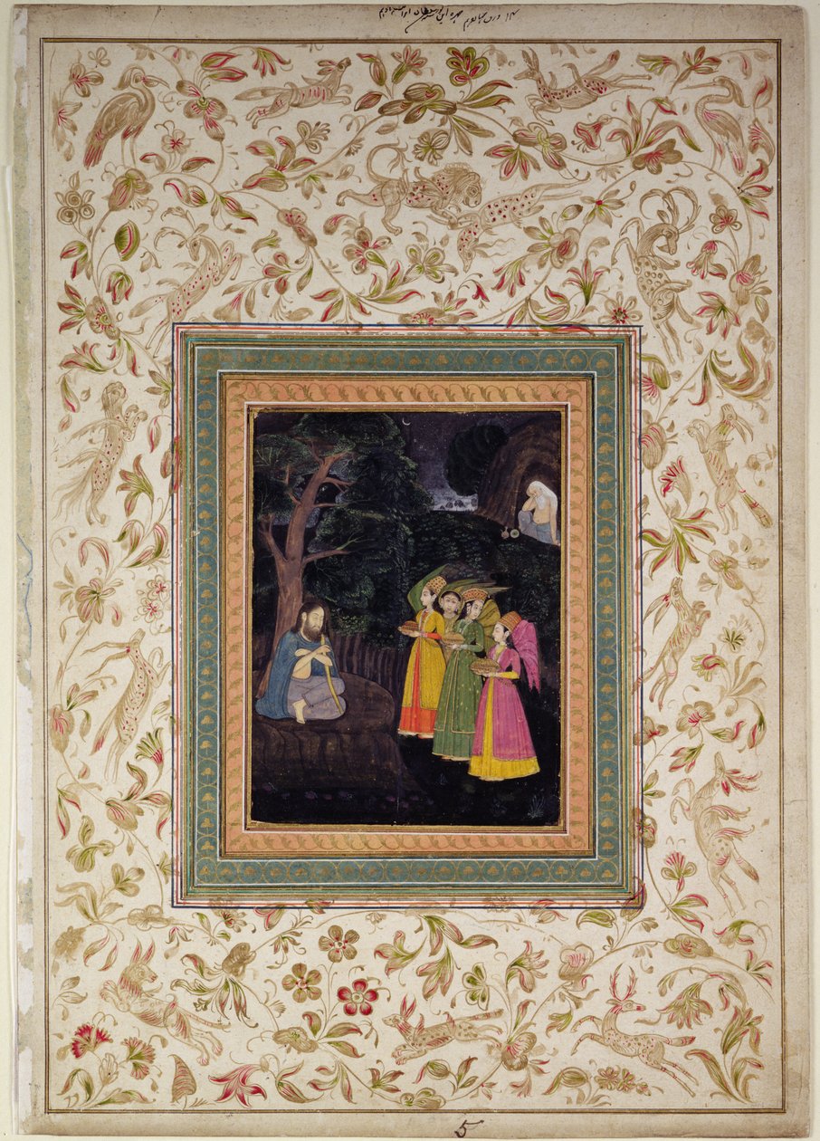 Sultan Ibrahim Adham fra Balkh med engler, Johnson Album VI, nr. 5, ca. 1770-80 (gouache med gull på albumblad) av School Mughal