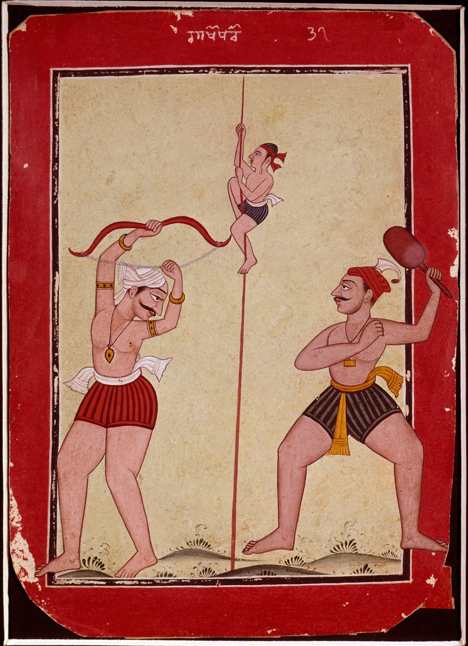 Tre idrettsutøvere under trening (tau, bueskyting og trugespill) (miniatyr av School Mughal