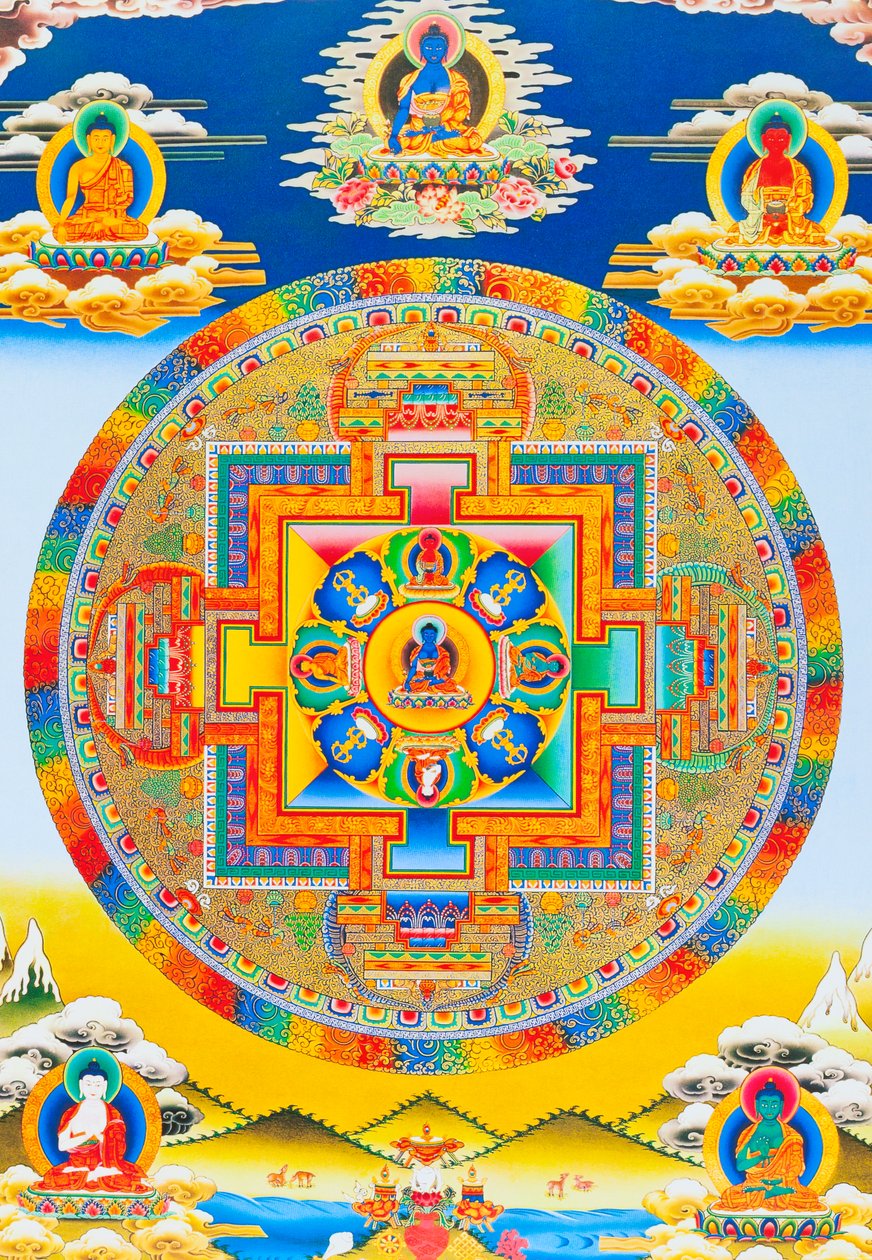 Akshobhya Mandala, som skildrer den uforstyrlige Buddha som Bhumi Sparsa Mudra med jorden som vitner om hans opplysning (gouache på tøy) av School Nepalese