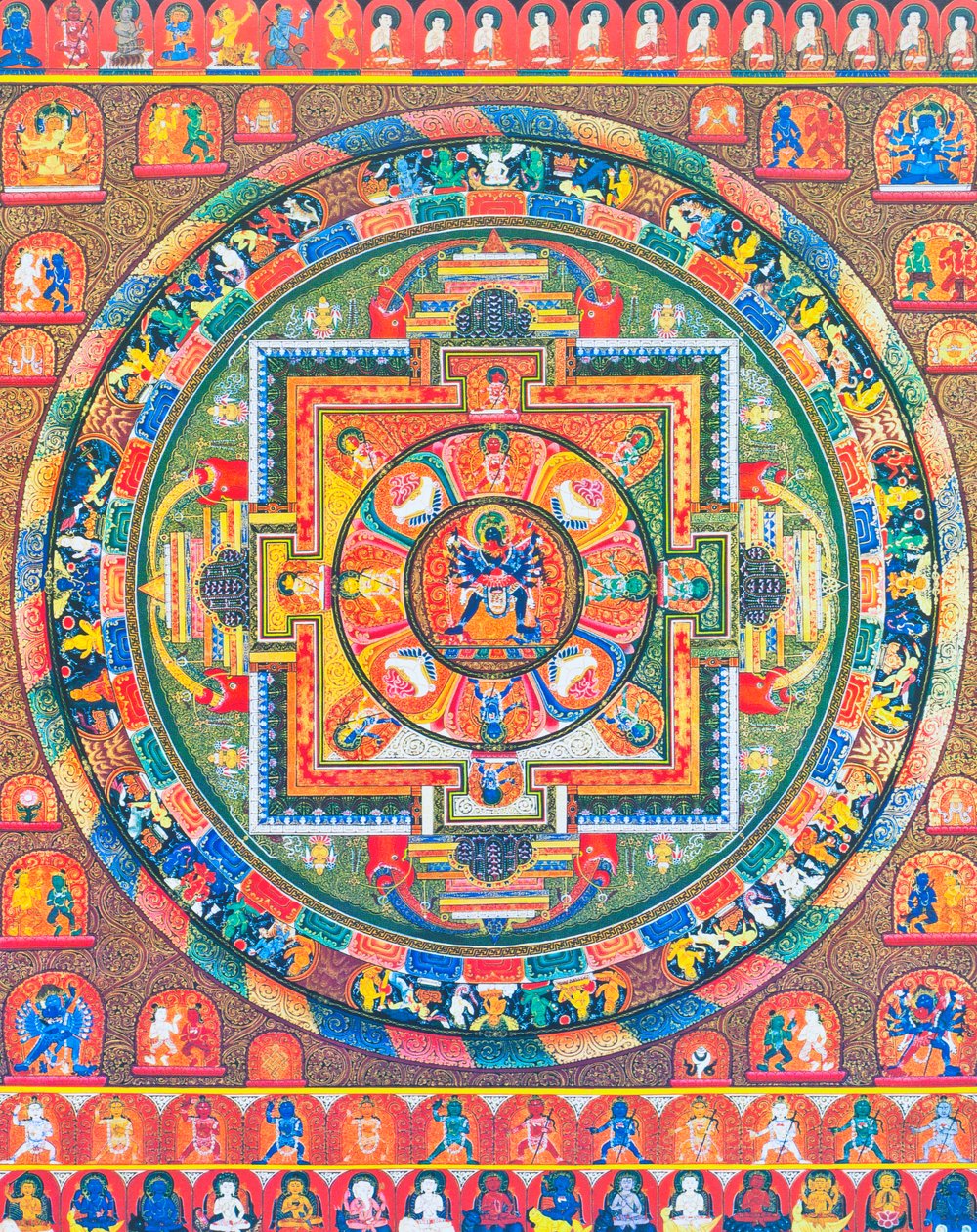 Chakrasambhara Mandala, som skildrer hovedguden Sambhara som omfavner sin kone Vajrabarahi som symboliserer foreningen av visdom og praksis for å oppnå suveren lykke (gouache på tøy) av School Nepalese