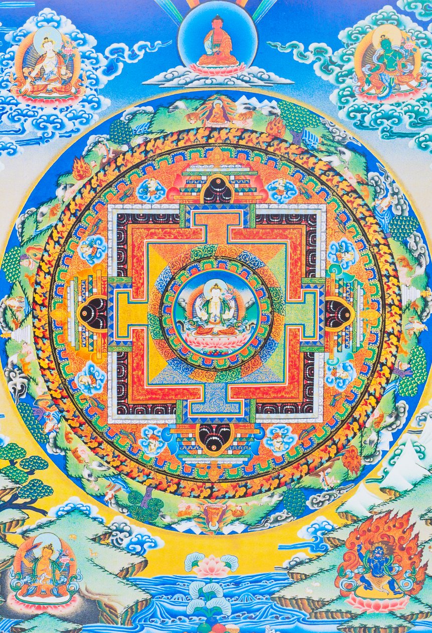 Chenresi mandala; den midtre figuren skildrer medfølelsens Buddha, den himmelske manifestasjonen av Amitava Buddha, alltid nær lidende vesener (gouache på tøy) av School Nepalese