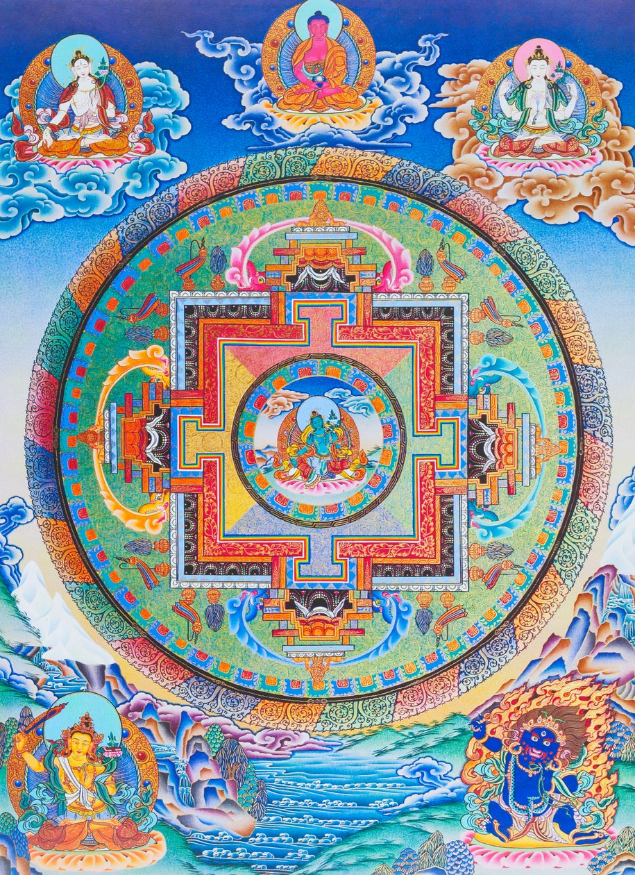 Grønn Tara Mandala som skildrer mors beskytter fra alle farer i tilværelsens hav (gouache på tøy) av School Nepalese