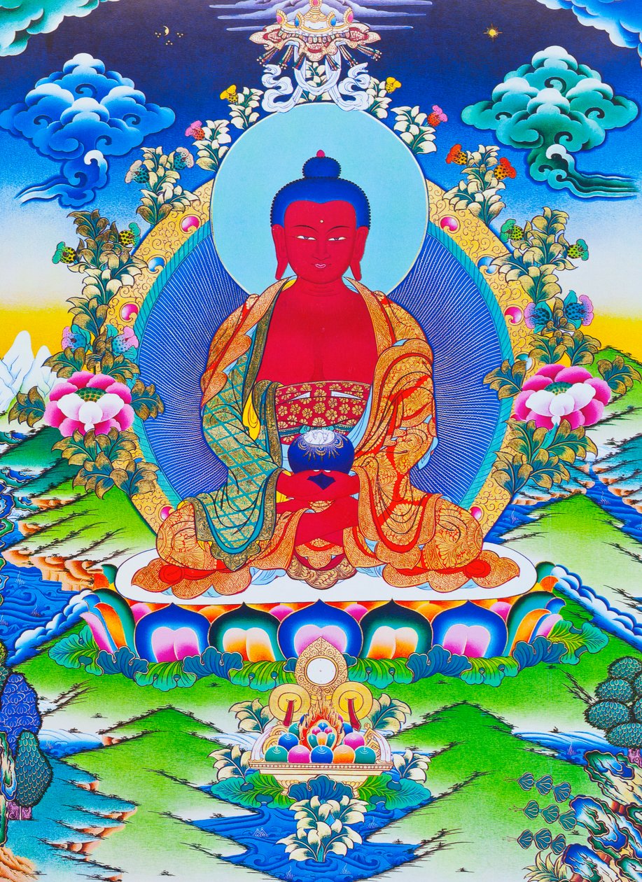 Bilde som viser Amitabha Buddha sittende på en lotus (gouache på tøy) av School Nepalese