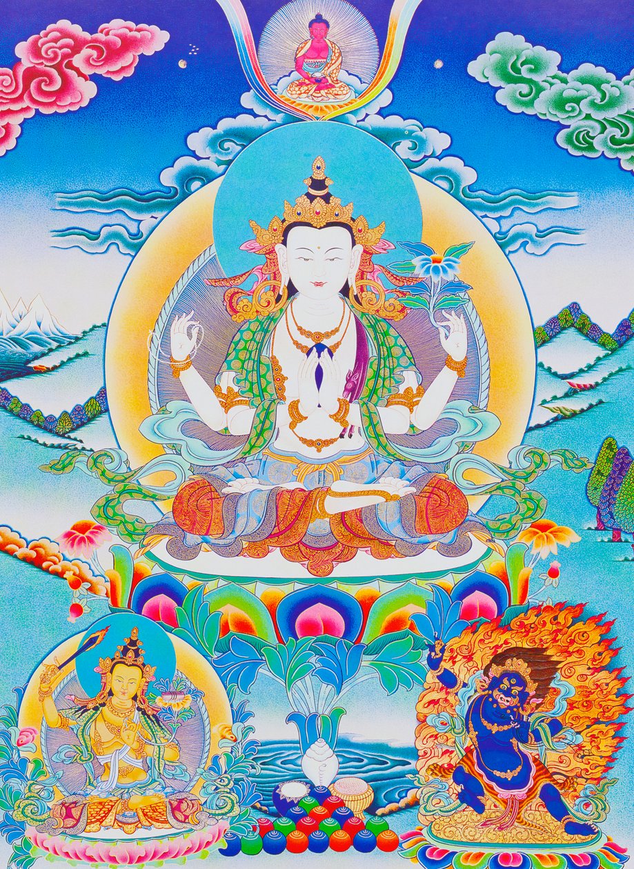 Bilde som viser Chenresi, herren over de seks stavelsene "Om Mani Padme Hum" (gouache på tøy) av School Nepalese