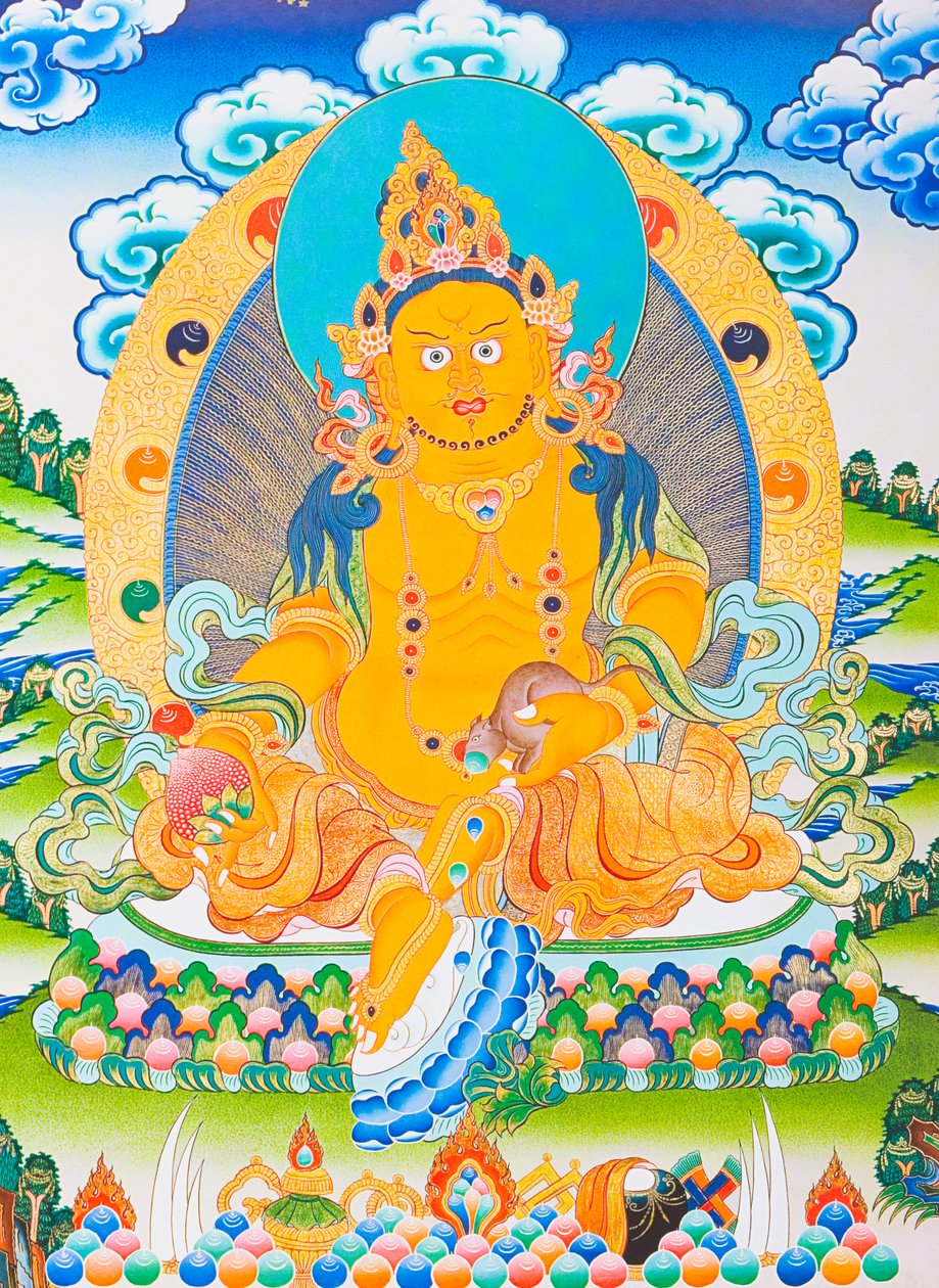 Bilde som viser Dzambhala, den gule Dzambhala er manifestasjonen av Buddha Ratnasambhava som symboliserer rikdom i den materialistiske verden (gouache på tøy) av School Nepalese