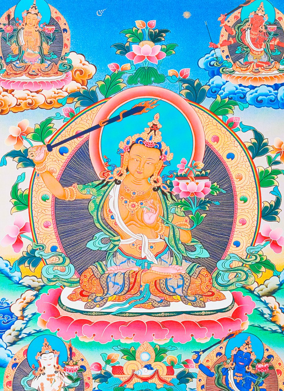 Bilde som viser Manjushree, den legendariske skaperen av Kathmandu-dalen (gouache på tøy) av School Nepalese