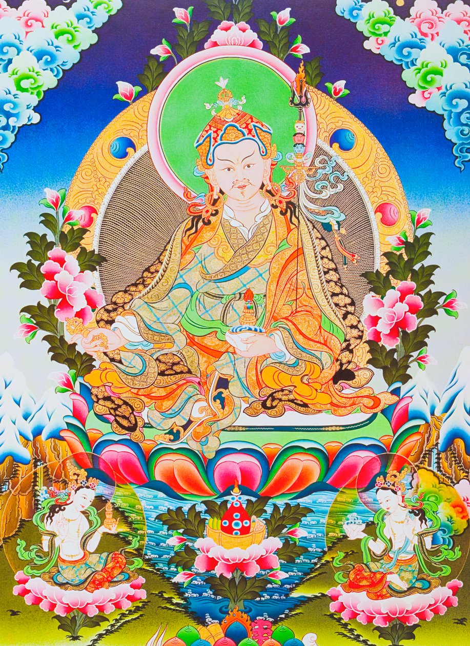 Bilde som viser Padmasambhava eller guruen Rimpoche, den guddommeliggjorte apostelen av tibetansk tantrisme som sies å ha fått kontroll over demoner og ånder (gouache på tøy) av School Nepalese