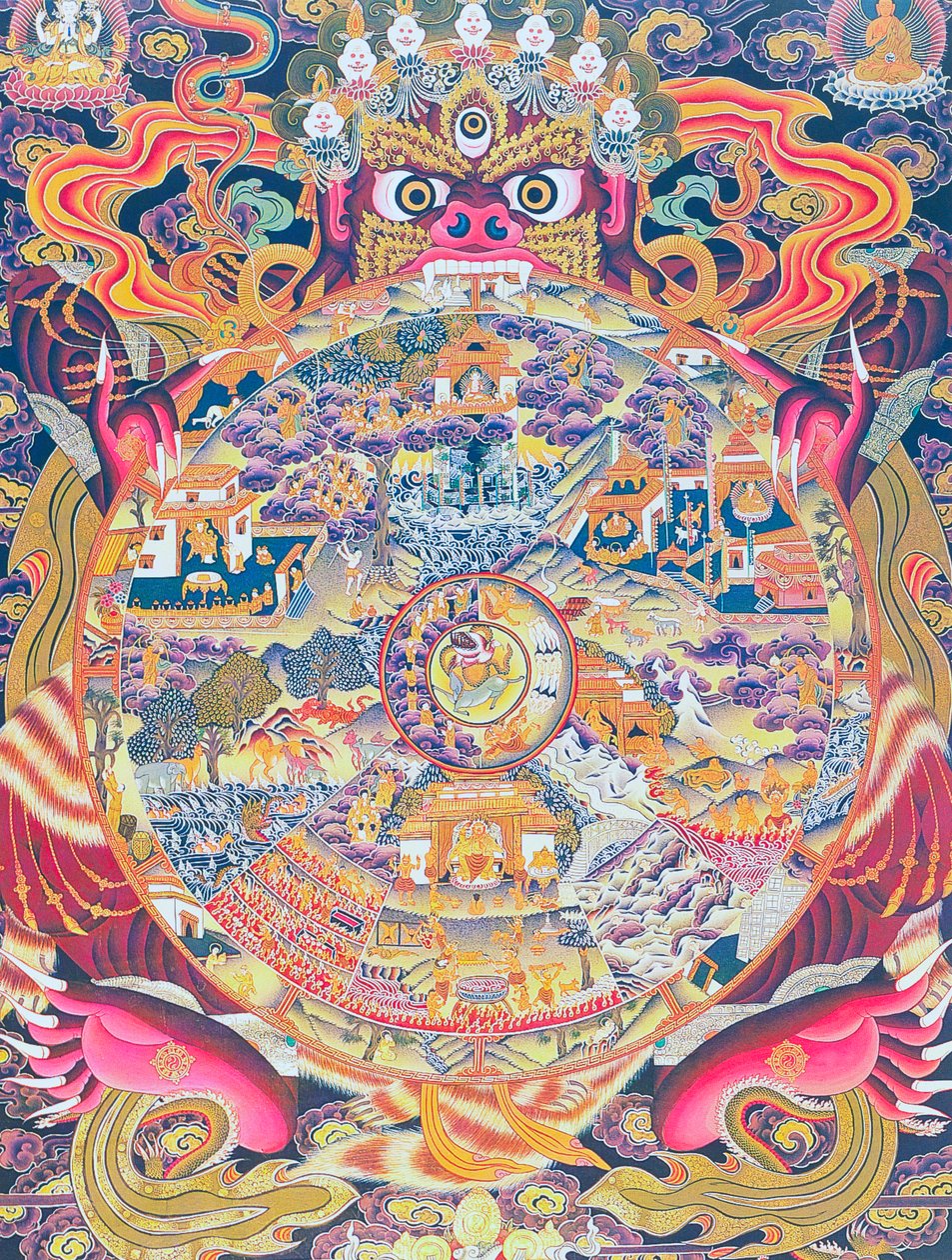 Bilde som viser livets hjul, som viser Kalachakraen eller den villede eksistensen holdt i munnen til Yama, dødsguden som representerer fødsel, død og gjenfødelse (gouache på tøy) av School Nepalese