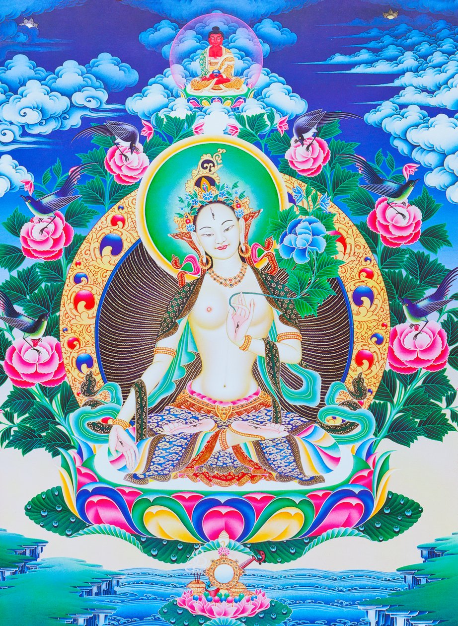 Bilde som viser den hvite Tara, den syvøyede guddommelige moren sittende på en lotus med høyre hånd i varada mudra-posisjon som symboliserer generøsitet (gouache på tøy) av School Nepalese