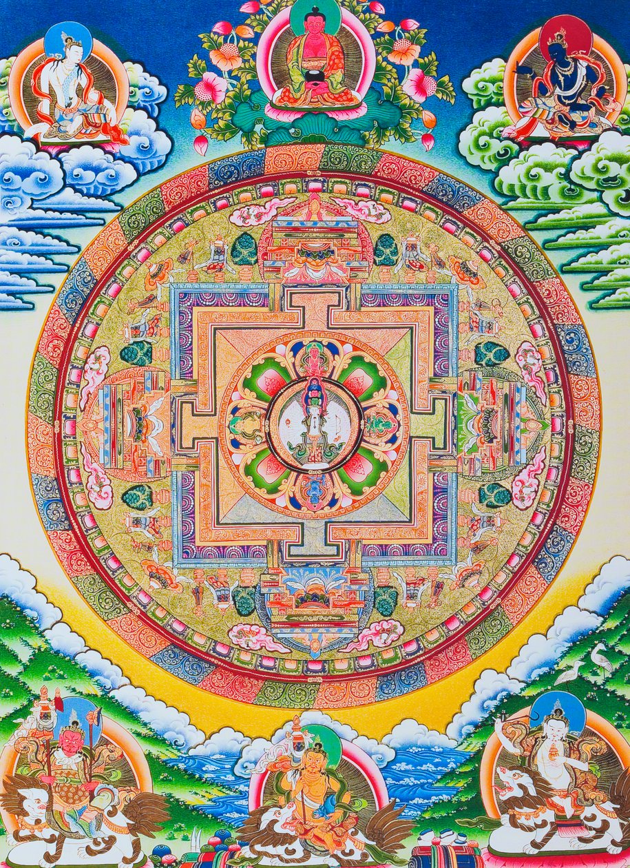 Mandala med tusen armer Avalokiteshvara; den hellige, magiske sirkelen som viser den elleve hodede Bodhisattvaen som symboliserer uendelig medfølelse (gouache på tøy) av School Nepalese