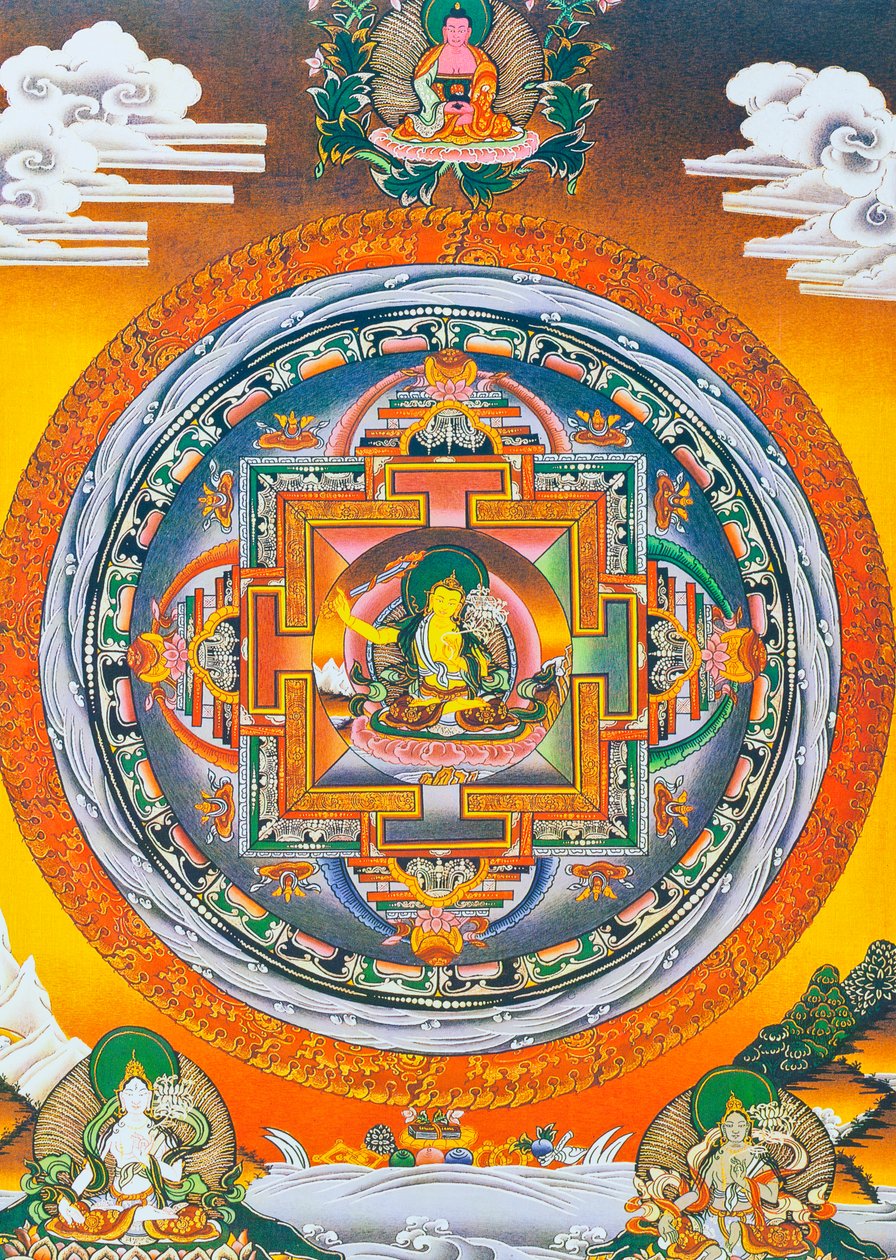Manjushree Mandala, hvor den sentrale figuren representerer visdomsguden Manjushree, den legendariske skaperen av Kathmandu-dalen (gouache på tøy) av School Nepalese
