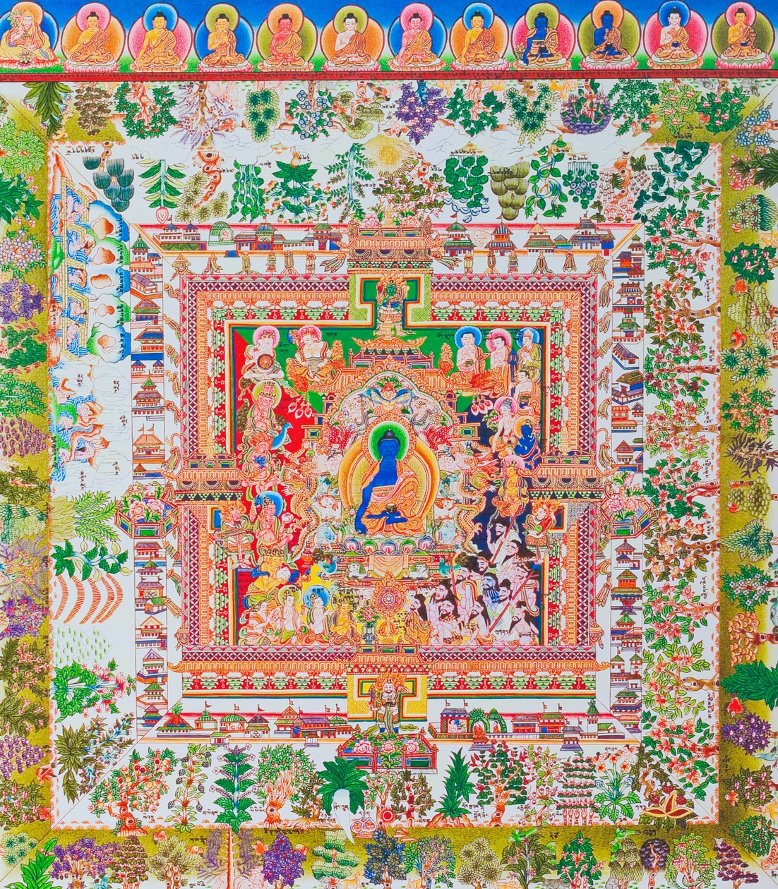 Medisin Buddha Mandala, midtfiguren til Bhaisajyaguru representerer den øverste healeren i klosterklær med en bolle som inneholder medisinske planter (gouache på tøy) av School Nepalese
