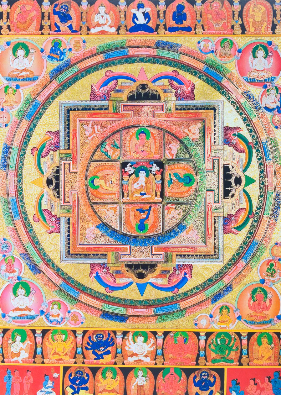 Pancha Buddha Mandala, som skildrer fem former for Buddha som symboliserer fem typer visdom (gouache på tøy) av School Nepalese