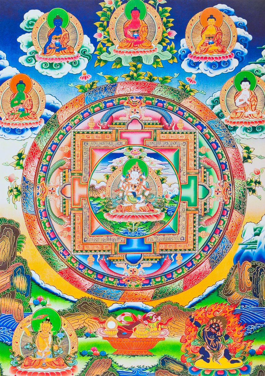 Vajrasattva, Mandala, som skildrer den selvskapte tantriske Buddha uten noen begynnelse eller slutt i en evig omfavnelse med prajna-visdom (gouache på tøy) av School Nepalese