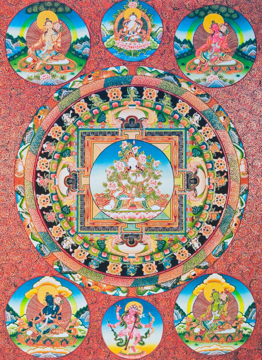 Hvit Tara Mandala; den syvøyede kvinnelige guddomen til det buddhistiske panteonet som representerer medfølelsens gudinne og menneskets beskytter (gouache på tøy) av School Nepalese