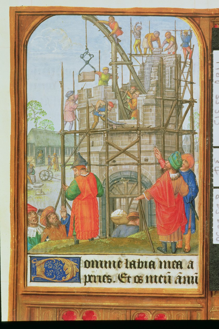 Legg til 35313 f.34 Bygningen av Babelstårnet, Brugge eller Gent, ca. 1500 (vellum) av School Netherlandish