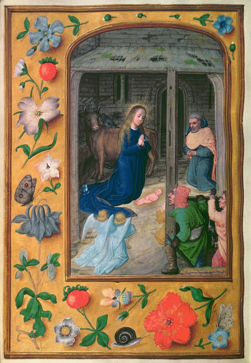 Legg til 35314 f.25v Nativity, fra a Book of Hours, Brugge, ca. 1510-20 (vellum) av School Netherlandish