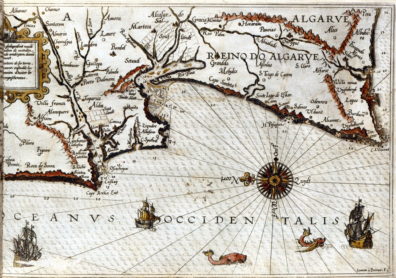 Cape Sagres (eller Sacred Cape) ved slutten av Portugal etter portulan av Luca J. Waghenaer Treesor av zeevaert trykt i Leiden i 1592 av School Netherlandish