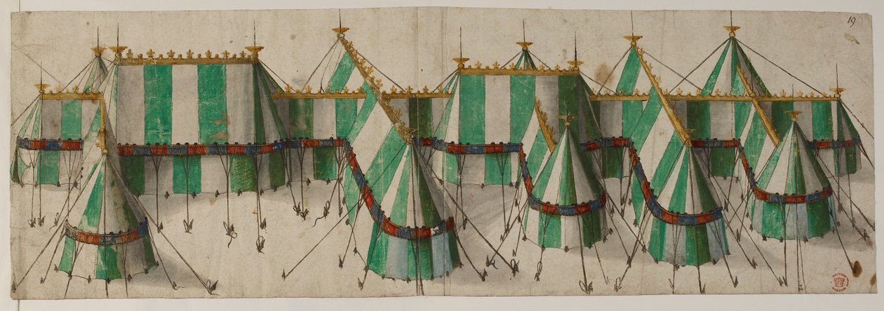 Cotton Augustus III, f.19 Design for en kongelig paviljong i Tudor-fargene hvitt og grønt, sies å være for Henry VIII på Field of the Cloth of Gold av School Netherlandish