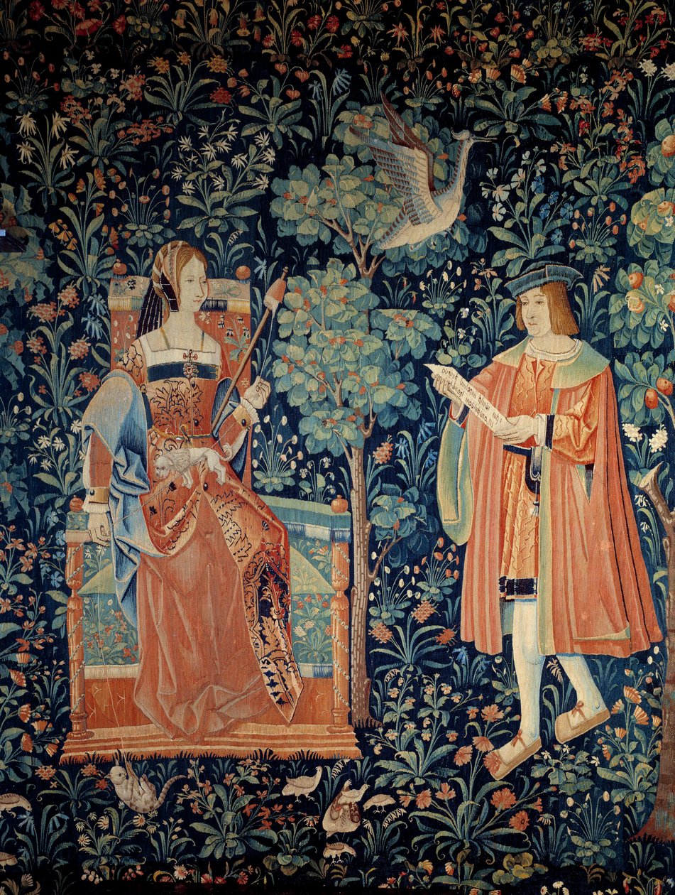 Curtain of the seigneurial life: høflig kjærlighetsscene. Detalj. Ull- og silketeppe laget rundt 1520 i Nederland. Paris, Nasjonalmuseet for middelalderen, Thermes de Cluny av School Netherlandish