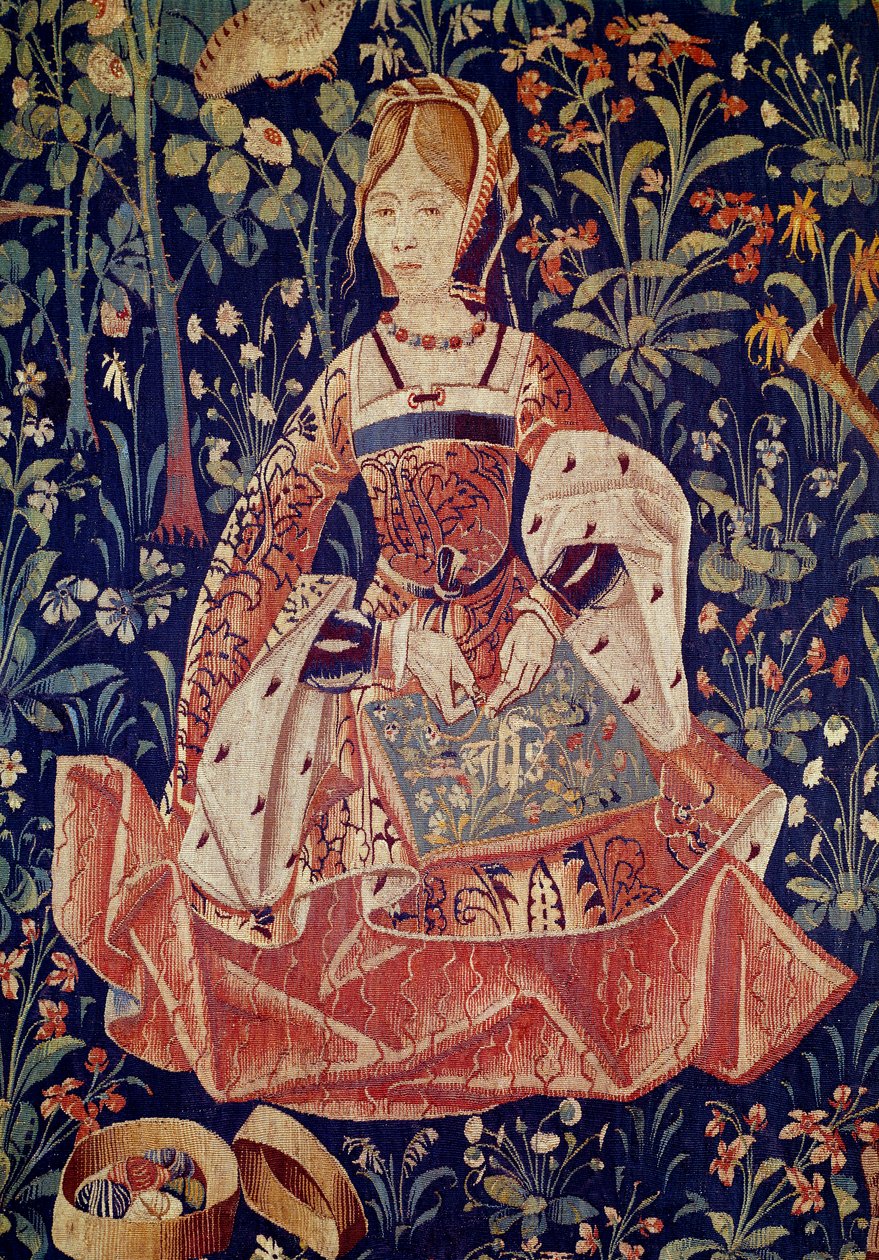 Oppheng av seigneurialt liv: Broderi. Detalj. Ull- og silketeppe laget rundt 1520 i Nederland. Paris, Nasjonalmuseet for middelalderen, Thermes de Cluny av School Netherlandish