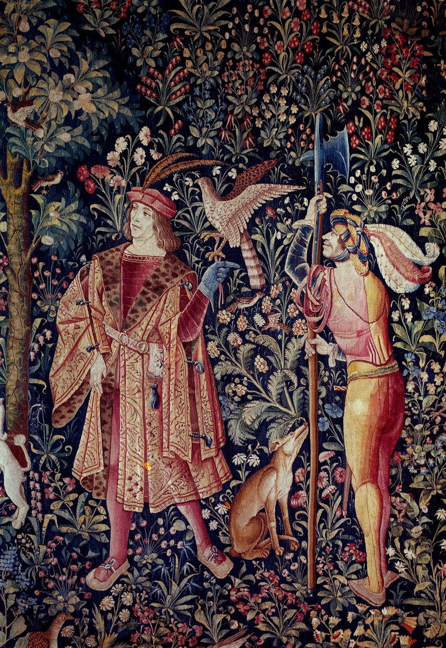 Henge ut av seigneurialt liv: dra for jakt. Detalj. Ull- og silketeppe laget rundt 1520 i Nederland. Paris, Nasjonalmuseet for middelalderen, Thermes de Cluny av School Netherlandish