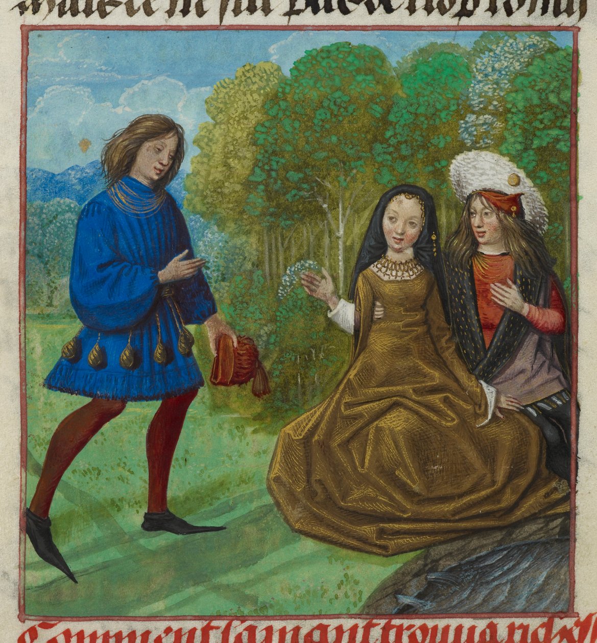 Harley 4425 f.90v The Lover meeting Richesse (Rikdom) fra Roman de la Rose av Guillaume de Lorris og Jean de Meun, ca. 1490-c. 1500 (vellum) av School Netherlandish