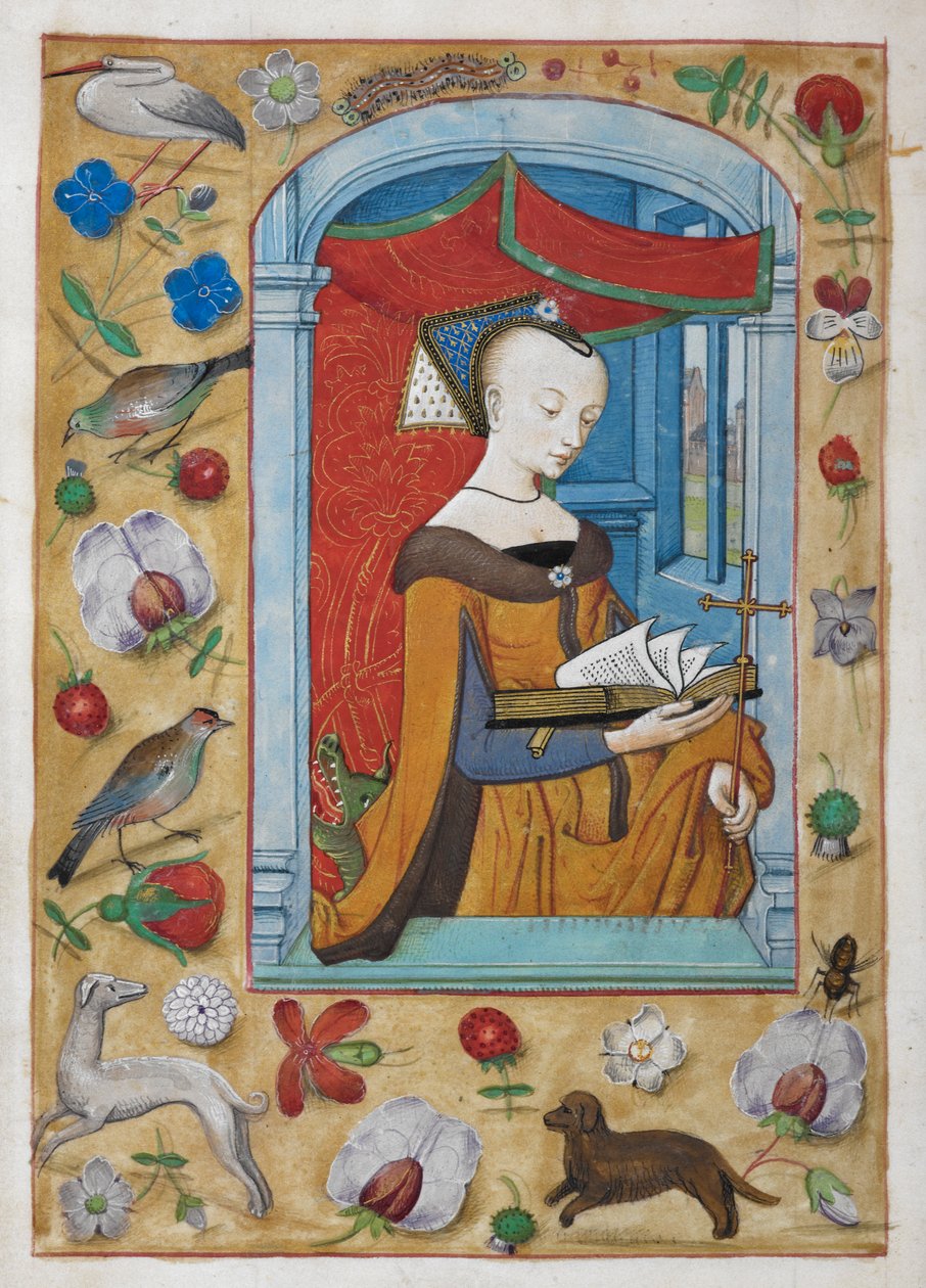 Kongebok 9, f.62v Kommendasjon til St. Margaret. Helgenen, med et kors i venstre hånd, står og leser under en baldakin, med en drage bak seg. Border av trompe l