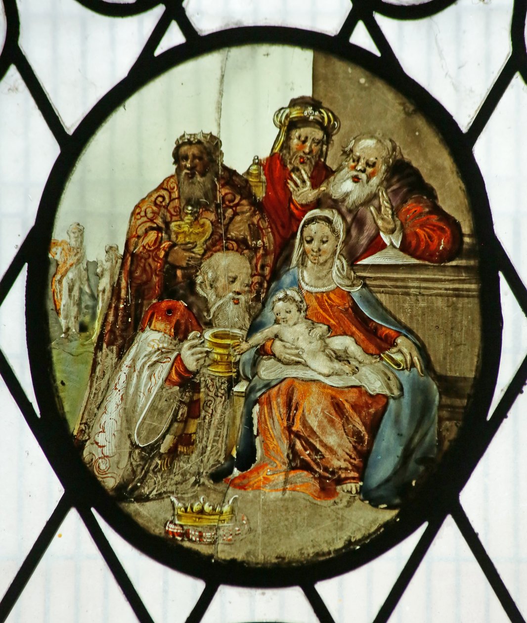 Roundel: The Adoration of the Magi (farget glass) av School Netherlandish