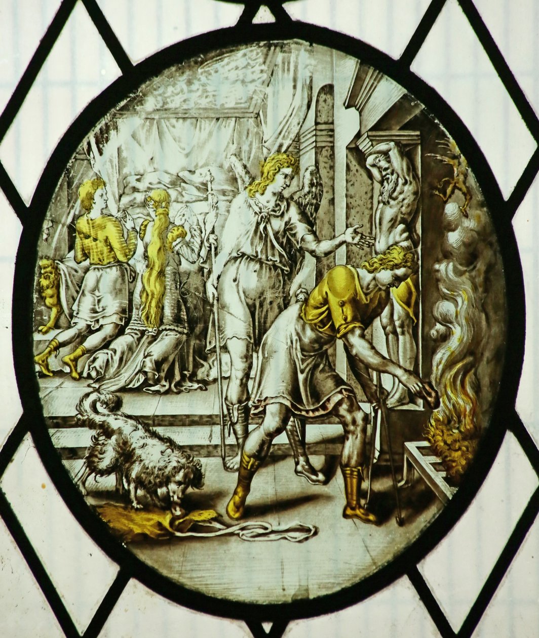 Roundel: Tobias brenner fiskens lever (farget glass) av School Netherlandish