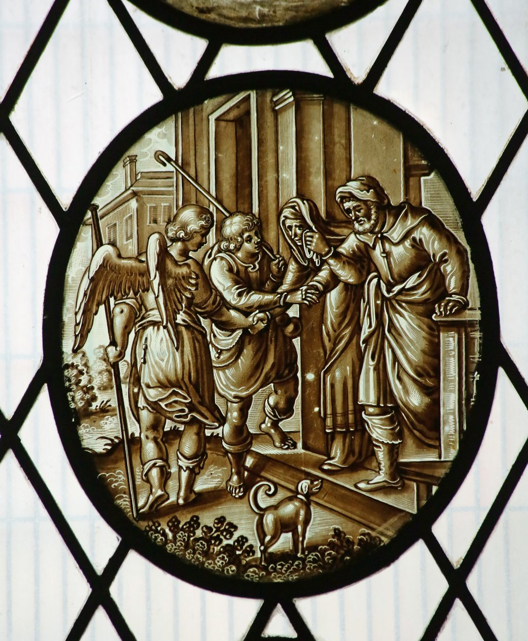 Roundel: Tobias drar med engelen, sannsynligvis 1800-tallet (farget glass) av School Netherlandish