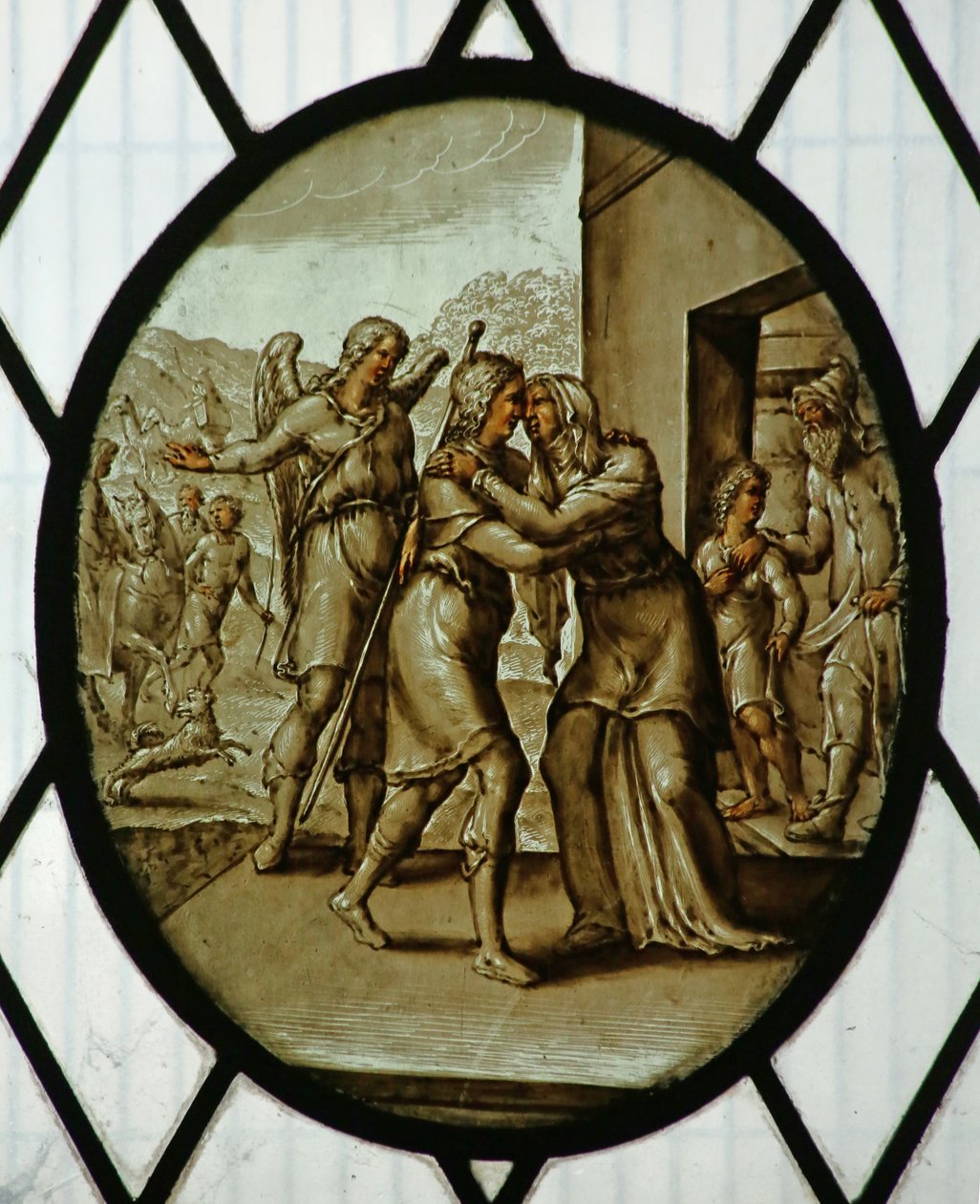 Roundel: Tobias vender tilbake til Sarah (farget glass) av School Netherlandish