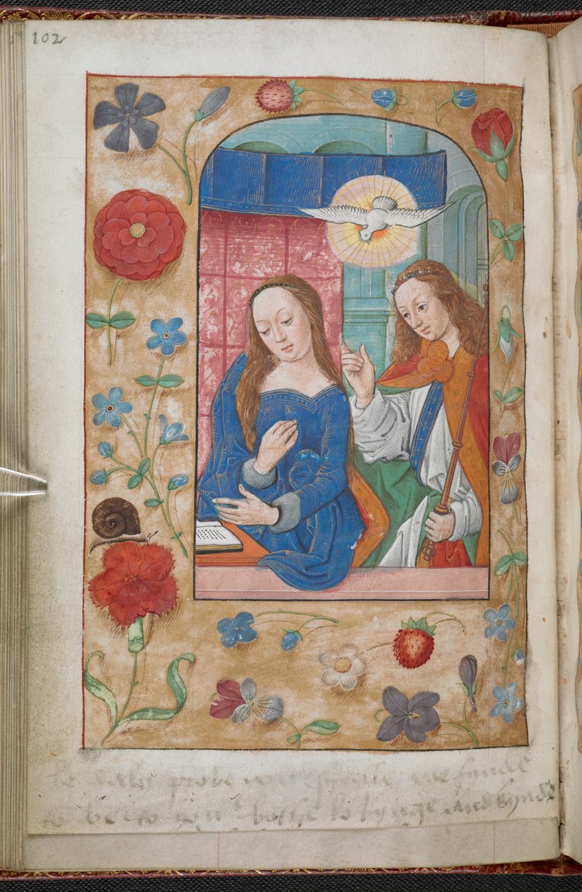 Kunngjøringen. En kant av blomster, frukt, fugler, insekter osv. i perspektiv på en blek gullmark. En inskripsjon (i Anne Boleyns hånd) er ved foten av folioen, 'Bevis daly you shalle me fynde to be to you both loveynge and kynde', med en st. av School Netherlandish