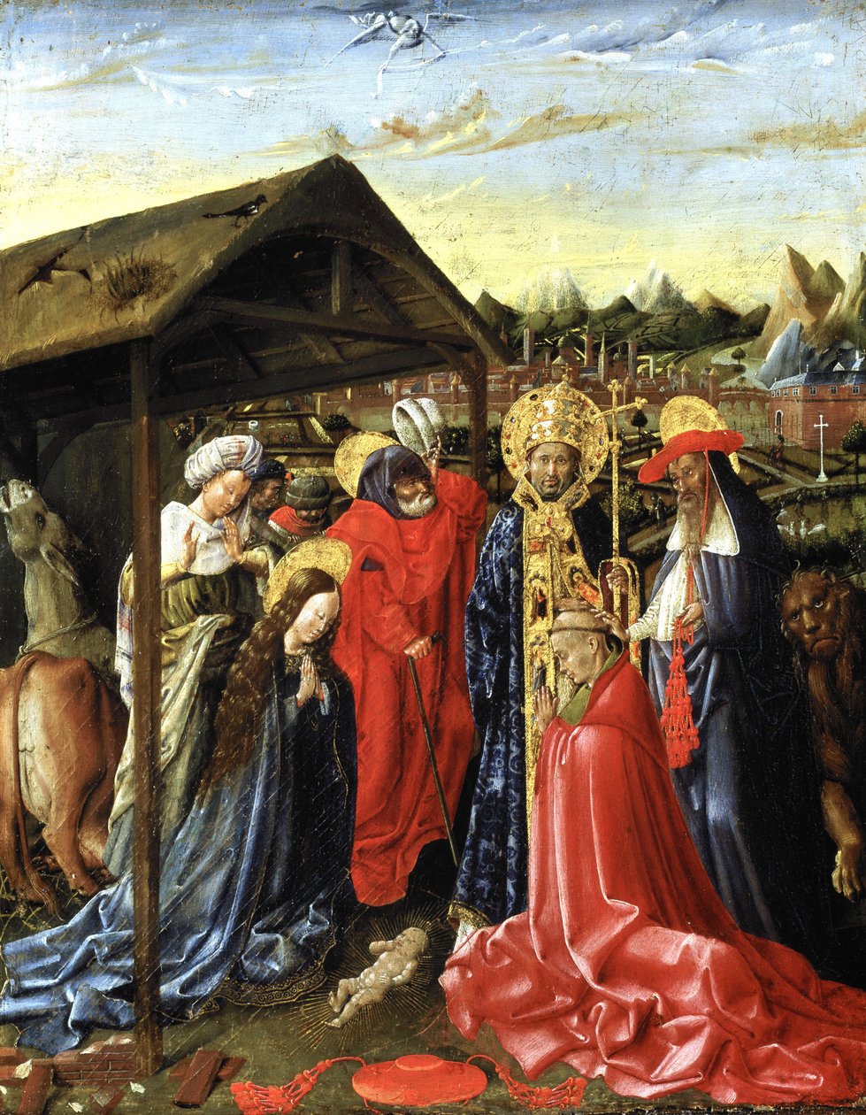 Fødselen med SS. Sixtus (?) og Jerome og en kardinal (olje på panel) av School Netherlandish