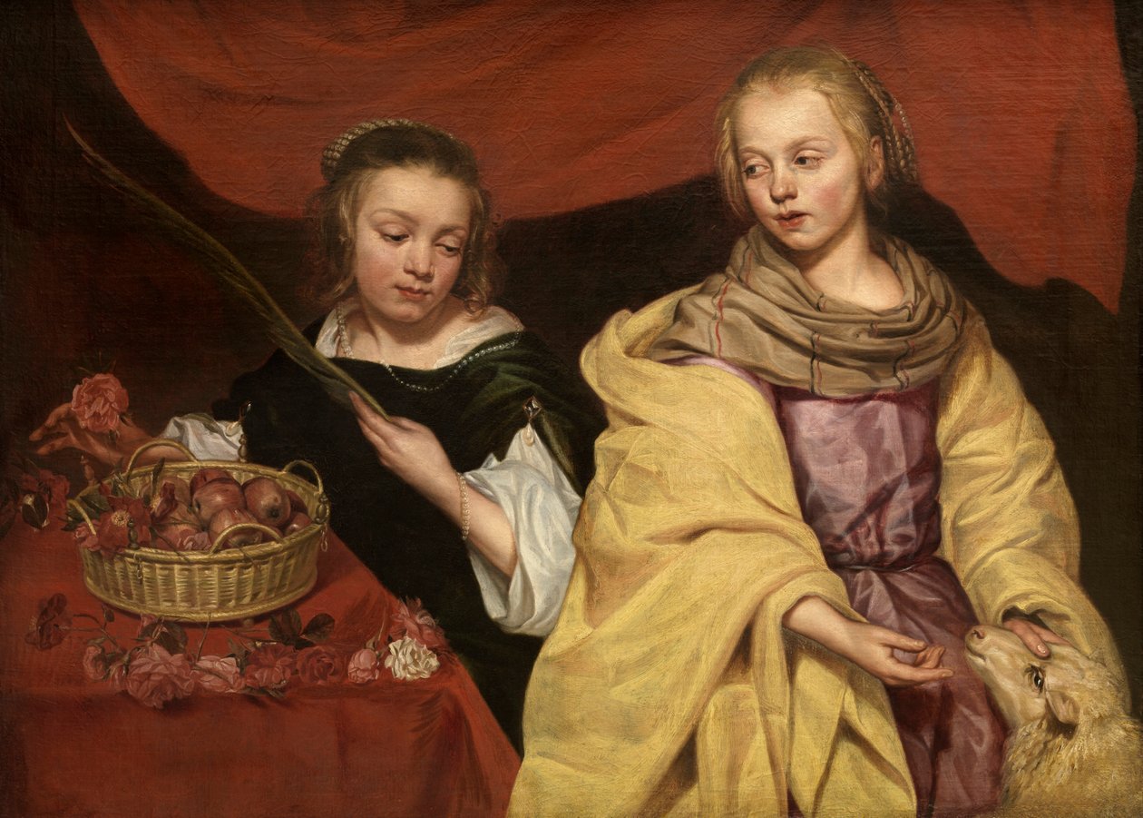 De hellige Agnes av Roma og Dorothea av Caesarea (olje på panel) av School Netherlandish