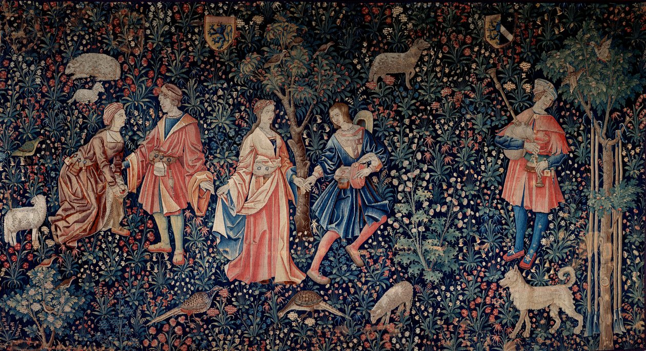 The curtain of the Lordship Life: en galante scene. Ull- og silketeppe laget rundt 1520 i Nederland. Søn 2,6x3,7 m Paris, middelalderens nasjonalmuseum, Thermes de Cluny av School Netherlandish