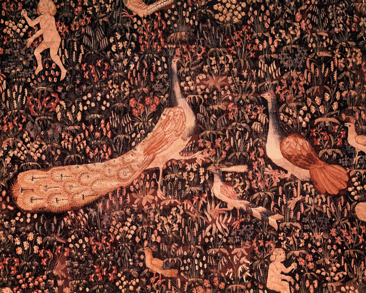 Gardinen til Seigneuriale Life: detalj som viser fugler, påfugl. Ull- og silketeppe laget rundt 1520 i Nederland. Søn 2,6x3,7 m Paris, middelalderens nasjonalmuseum, Thermes de Cluny av School Netherlandish
