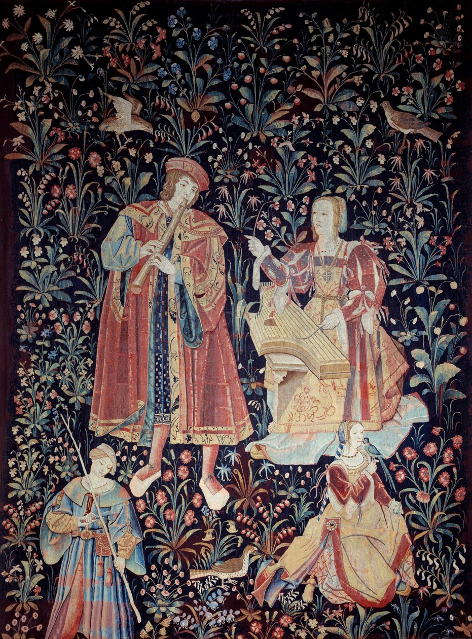 Gardinen til Seigneuriale Life: konsertteppet av ull og silke laget rundt 1520 i Nederland. Søn 2,6x3,7 m Paris, middelalderens nasjonalmuseum, Thermes de Cluny av School Netherlandish