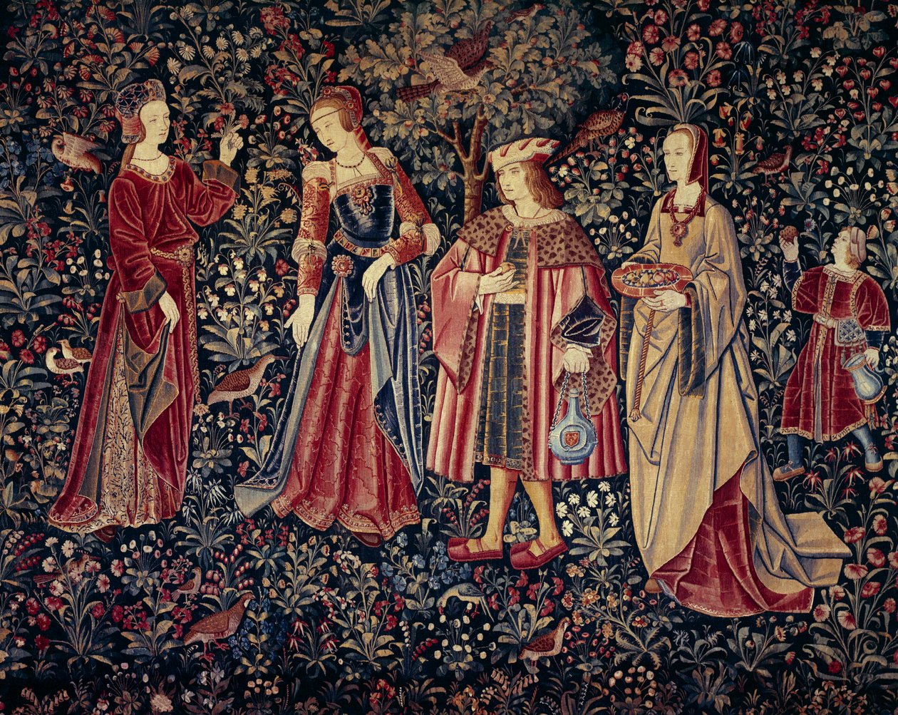 Gardinen til Seigneuriale Life: vandringen Tapetet av ull og silke laget rundt 1520 i Nederland. Søn 2,6x3,7 m Paris, middelalderens nasjonalmuseum, Thermes de Cluny av School Netherlandish